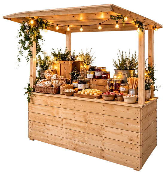 Stand de marché en bois avec éclairage, pain, fromage et bocaux de délicatesses